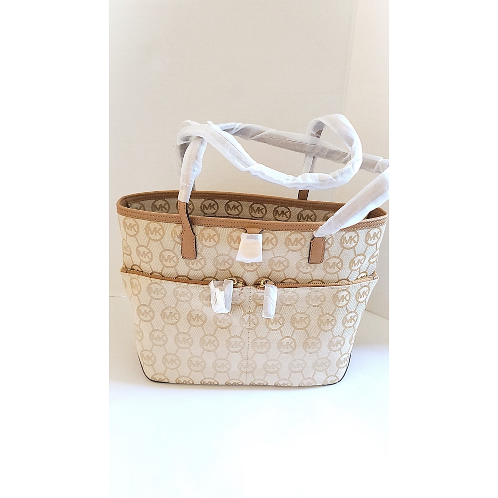 New! MICHAEL KORS MK Logo Monogram Medium Tote Handbag Bag Purse Beige Camel Tan - Picture 8 of 10